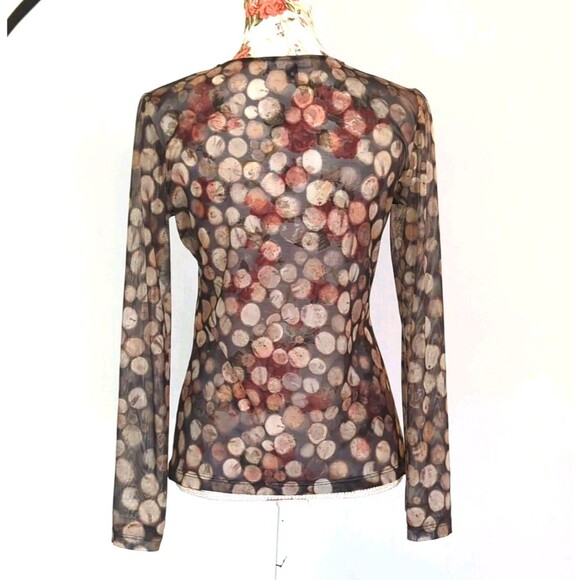Waggon Paris Y2K Long Sleeve Sheer Top Bokeh Sz 42 US Medium 90s Retro Brown EUC - Picture 6 of 11